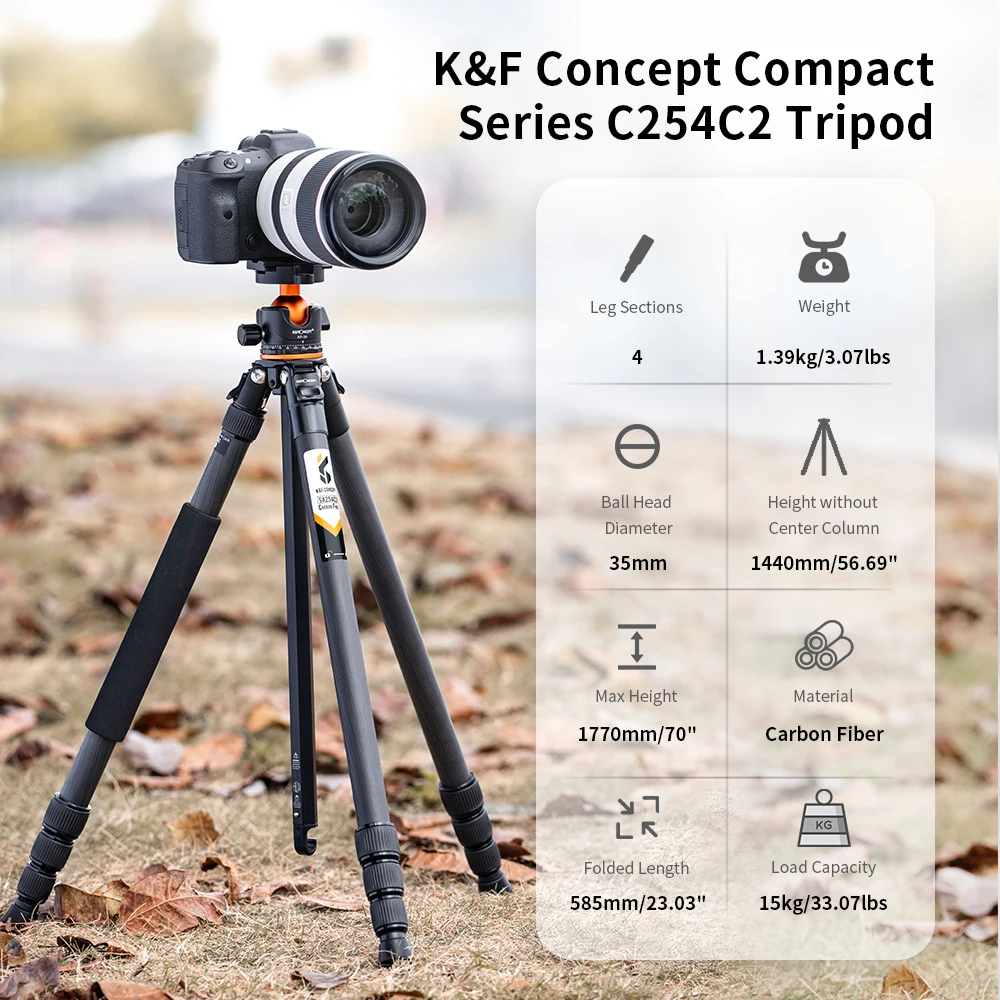K&F Concept 탄소 섬유 카메라 삼각대 70인치 177cm 최대 높이 전문 삼각대 15kg 33.07lbs 여행용 카메라 SA254C2용 부하