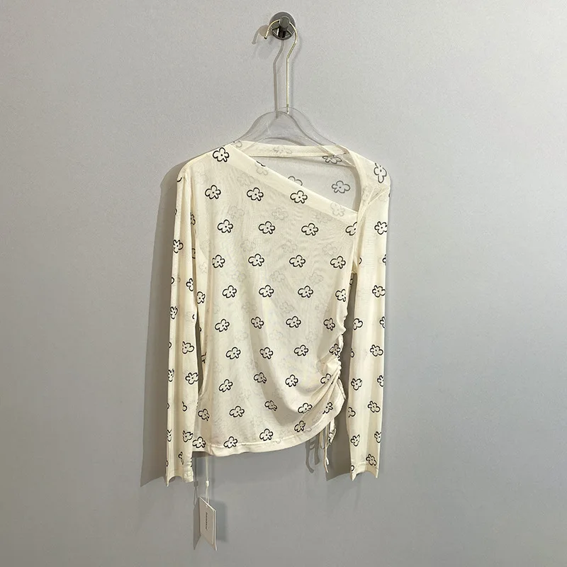 

Asymmetrical Neck Floral Print Ruched Side Mesh Tulle Women Summer T-shirt Soft Top 2023