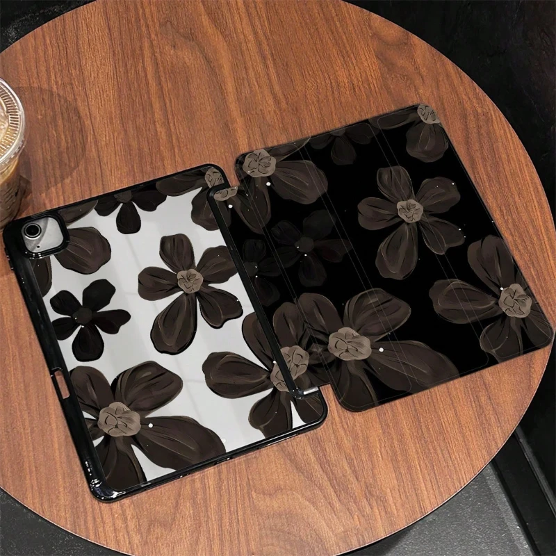 Elegant Black Floral PU iPad Case Cover