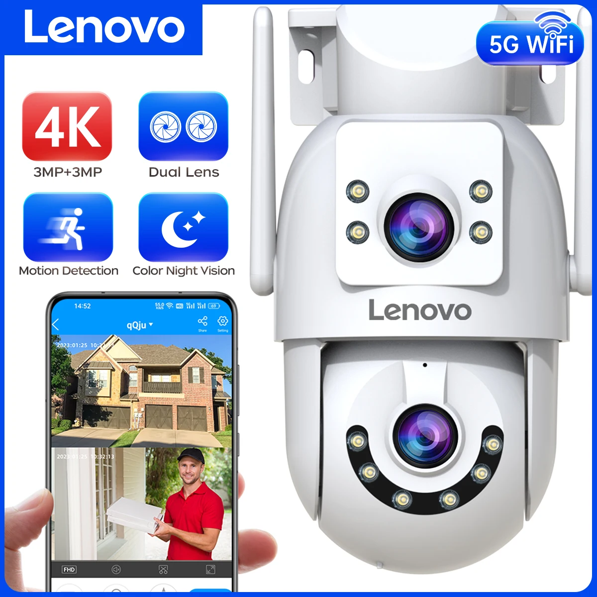 Lenovo HD PTZ Camera Outdoor 6MP Dual Lens Dual Screen 5G Wifi