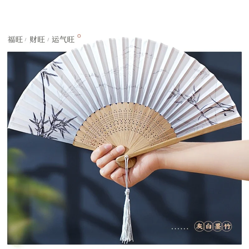 1Pc Chinese Retro Style Bamboo Folding Hand Fan folding fan hand fan silk fans with Tassel Silk Cloth Landscape Painting Traditional Art for Dancing Hanfu