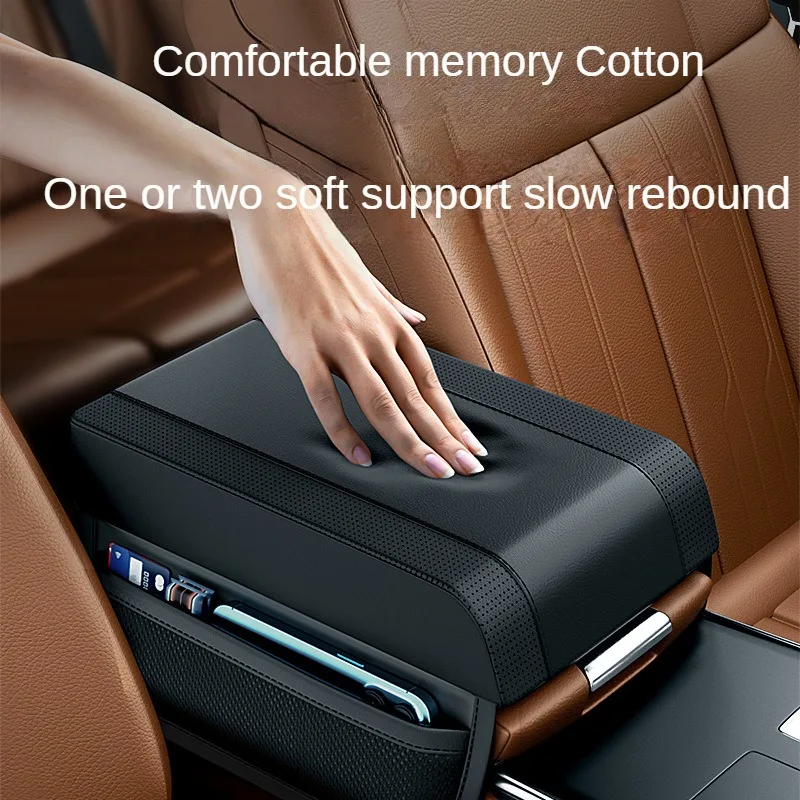 Car Armrest Pad Universal Leather Cushion with Pocket Central Memory Cotton Elbow Support Storage