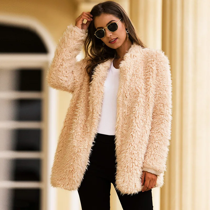 

Women's winter thick fashionable lapel without buckle pocket plush jacket