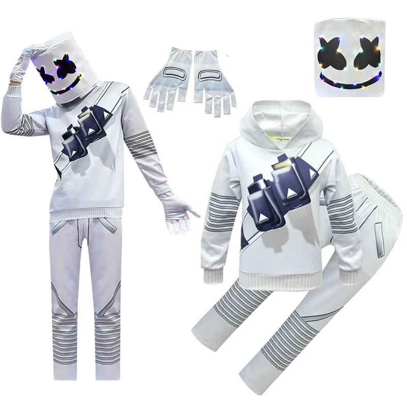 

Рождественский детский костюм диджея Fortnitenig Marshmellow для девочек и мальчиков, костюм для косплея на Хэллоуин, искусственная кожа, наряд, толстовки