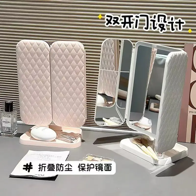 디럭스 LED 화장 거울 램프 포함 소녀 화장 거울 학생 기숙사 데스크탑 삼중 접이식 화장 거울 소녀 미용 거울