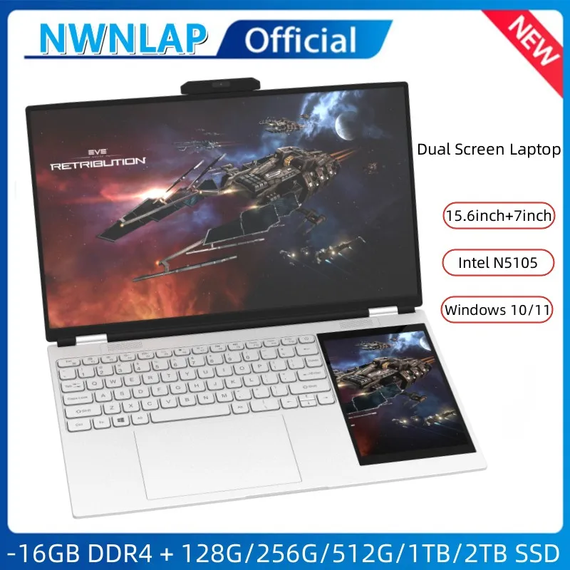 New Arrivals Dual Screen Laptop N5105 11th Generation 16G DDR4 - 1TB SSD 15.6" IPS 2K Screen+7" Touch LCD  PC Portable Noteboo 1