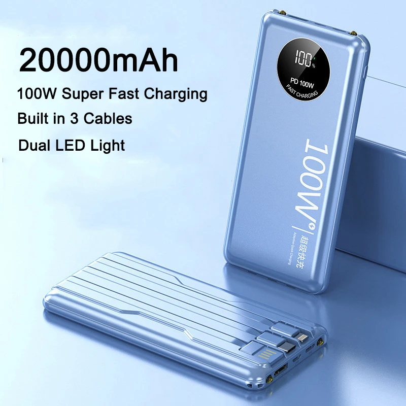 

Power Bank 20000mAh 100W Super Fast Charging Portable Powerbank With Cable External Battery Charger For iPhone 12 Xiaomi Samsung