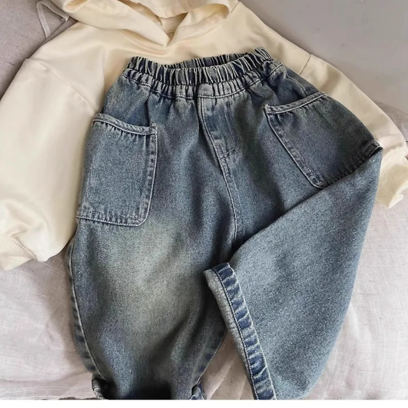 Boys Whiskered Casual Jeans, Childrens Spring Autumn New Pants, Small Medium Kids Trousers With Side Pockets for Daily Wear - 2