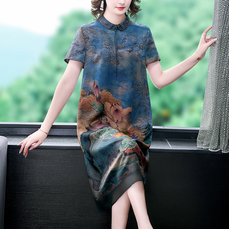 

2023 summer new embroidered silk dress loose thin lapel temperament skirt