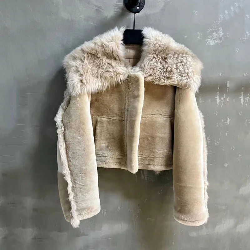 

Natural Sheep Fur Coat Winter Women Short Length 2023 New Fashion Thick Warm Big Collar Clothes Full Pelt Casual Style