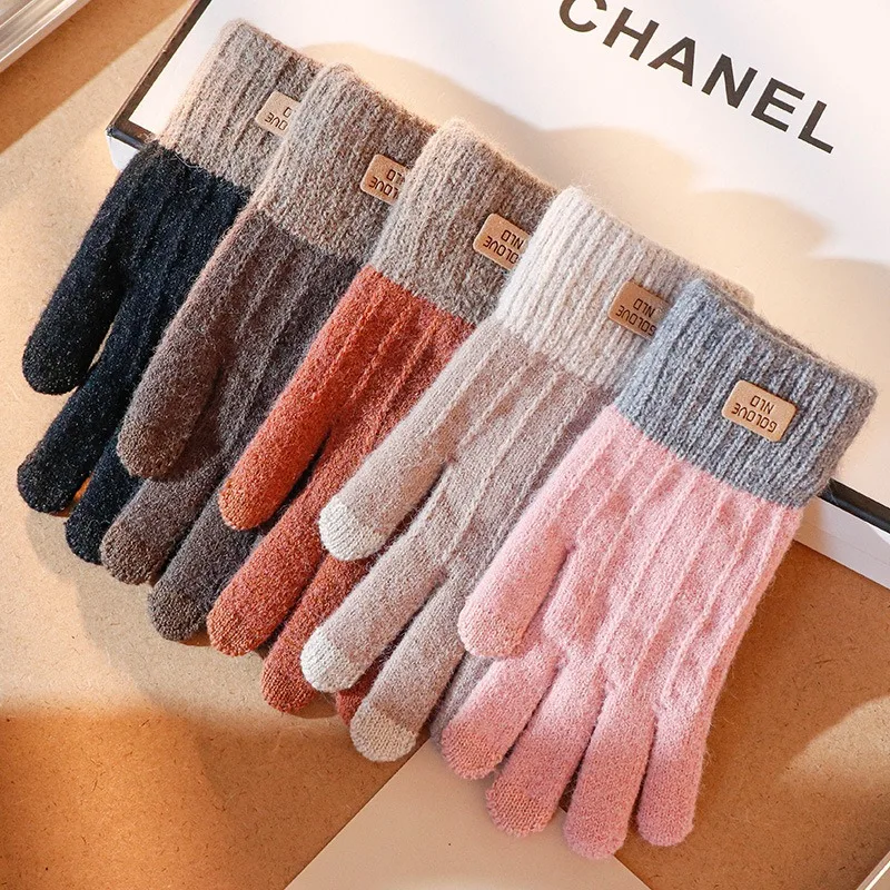 

Stretch Knit Mittens Autumn Winter Women Men Plush Full Finger Guantes Gloves Outdoor Riding Skiing Warm Windproof Thick Gloves
