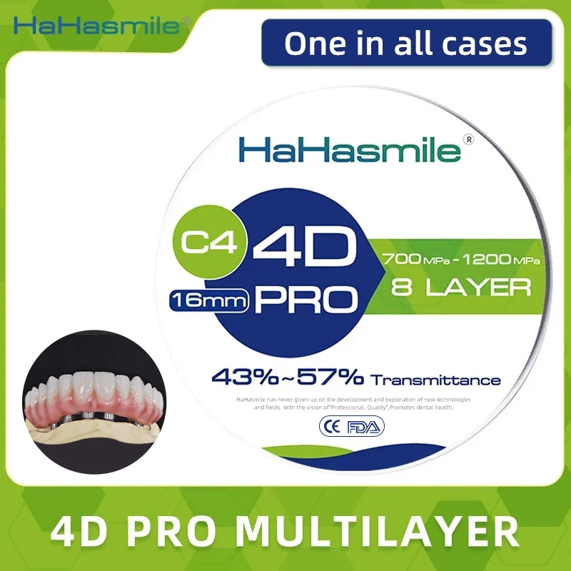 

HaHasmile 4D Pro Multilayer 98-C4 Zirconia Blocks 8 Layers 43%-57% Dental Lab Teeth Restoration Material Fixed Zirconia Dics