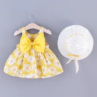2Pcs/Set Girls' X Summer Daisy Dress Sweet Bow Baby Beach Dress 0-3 Years Old Newborn Dress+Hat 4
