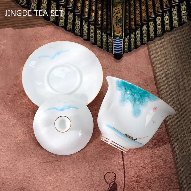 High Quality White Porcelain Gaiwan Portable Ceramic Tea Set Chinese Hand Painted Tea Bowl Tea Ceremony Accessories 170ml