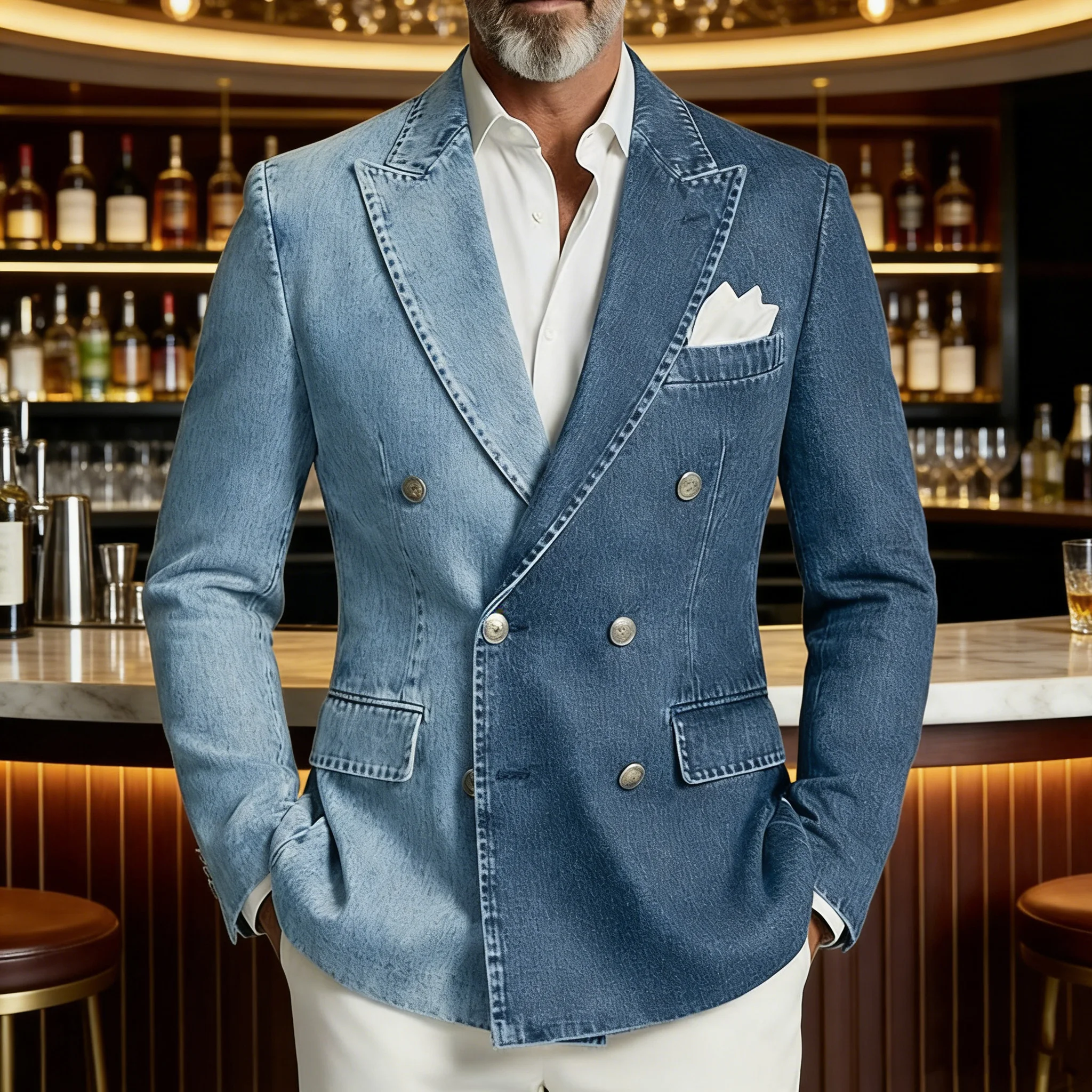 Denim Men's Suit Jacket Double Breasted Peak Lapel Slim Fit Casual Blazer Outing Date Night Trendy Party Fashion Costume Homme