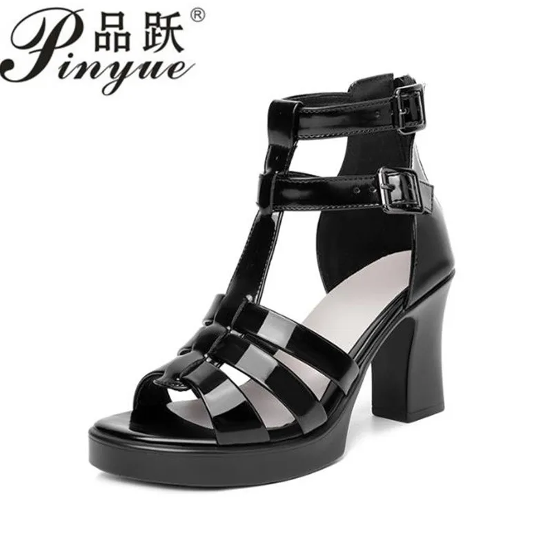 

7.5cm Sexy Genuine Leather Sandals Women's Platform Shoes Summer Black Block High Heels Gladiator Office Sandals 33 39