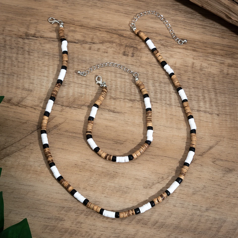 Mens Leather Necklace & Bracelet Set - Tribal Wolf Tooth, Cross, Circle Pendants With Wood Bead Bracelets - View #11