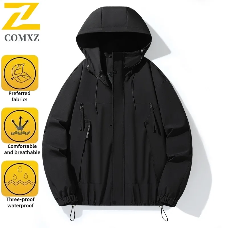 Men's Spring Solid Color Windbreaker Waterproof Hiking Jacket Outdoor Sports Loose Fit Hooded Workwear Fit Camping Fishing Coat