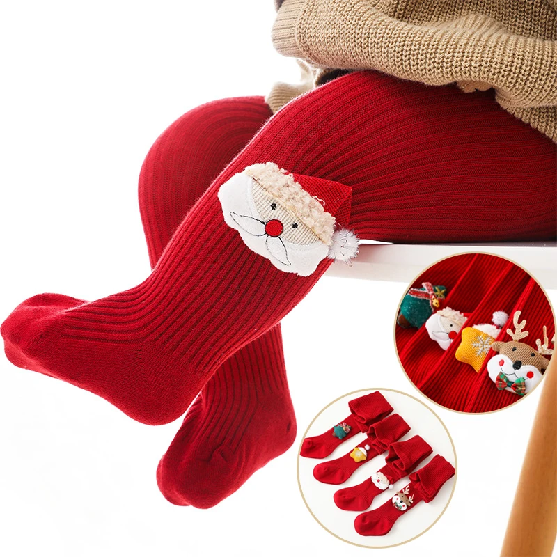 

Children's Cartoon Christmas Leggings Soft Cotton Baby Girls Red Stockings Newborn Baby Bottomed Pantyhose New Year Gifts Tights