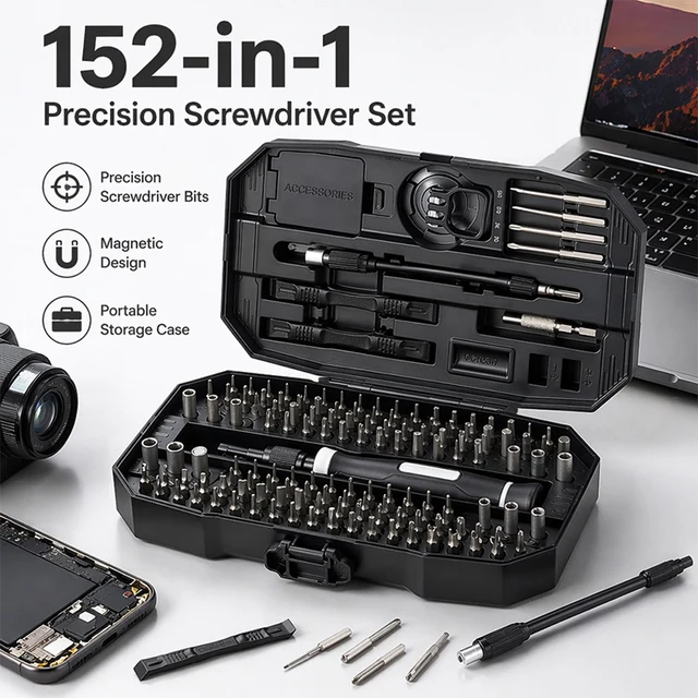 152 in 1 Precision Magnetic Manual Screwdriver Set, Professional Repair Kit for Laptop PC Phone Game Console Watch, T5 T6 Torx 1