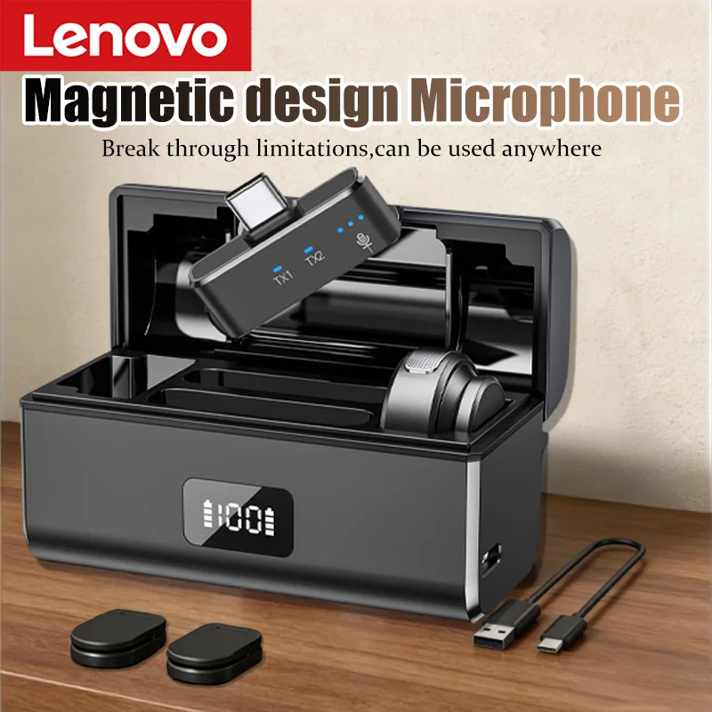 Micrófono Lavalier Inalámbrico Magnético Lenovo con Reducción de Ruido de 100M y Caja de Carga, Micrófono Profesional para Grabación