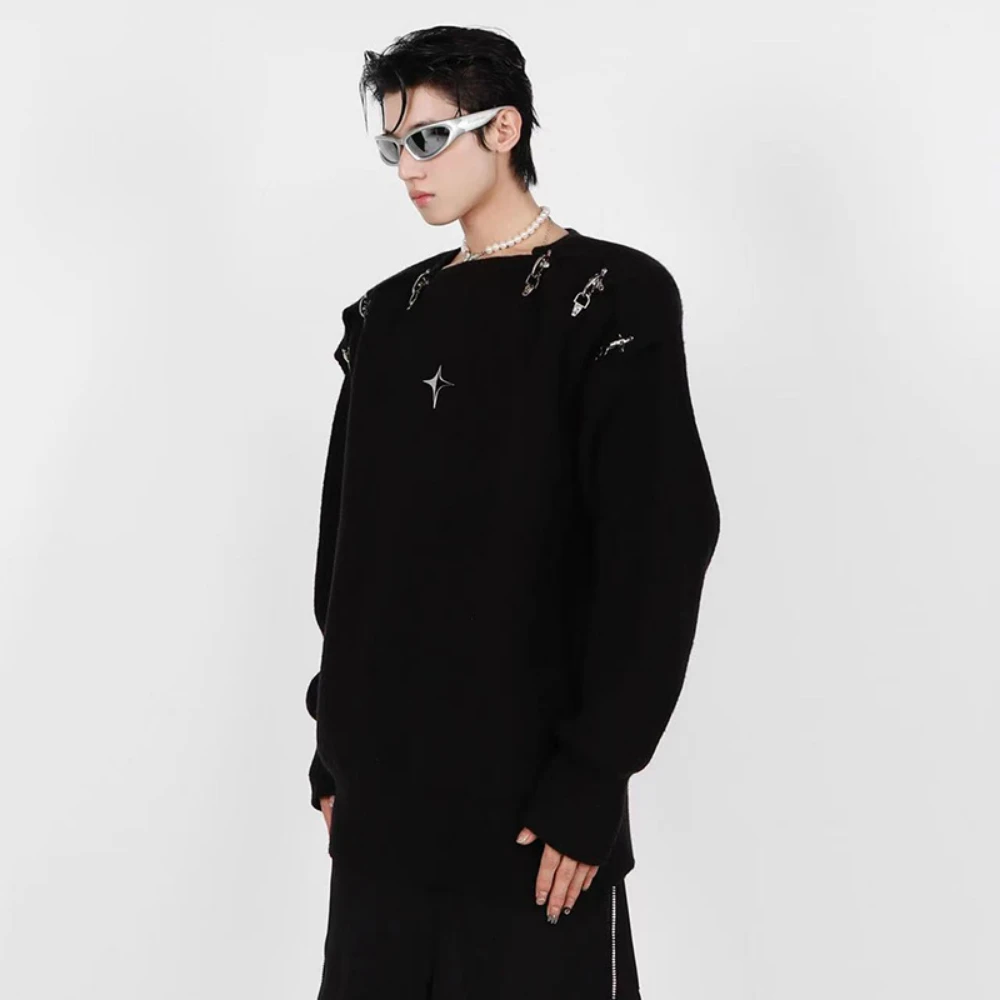 Autumn/Winter New French Advanced Off Shoulder Hollow Sweater Men's Design Sense Unique Knitwear Long Sleeve Top Trend