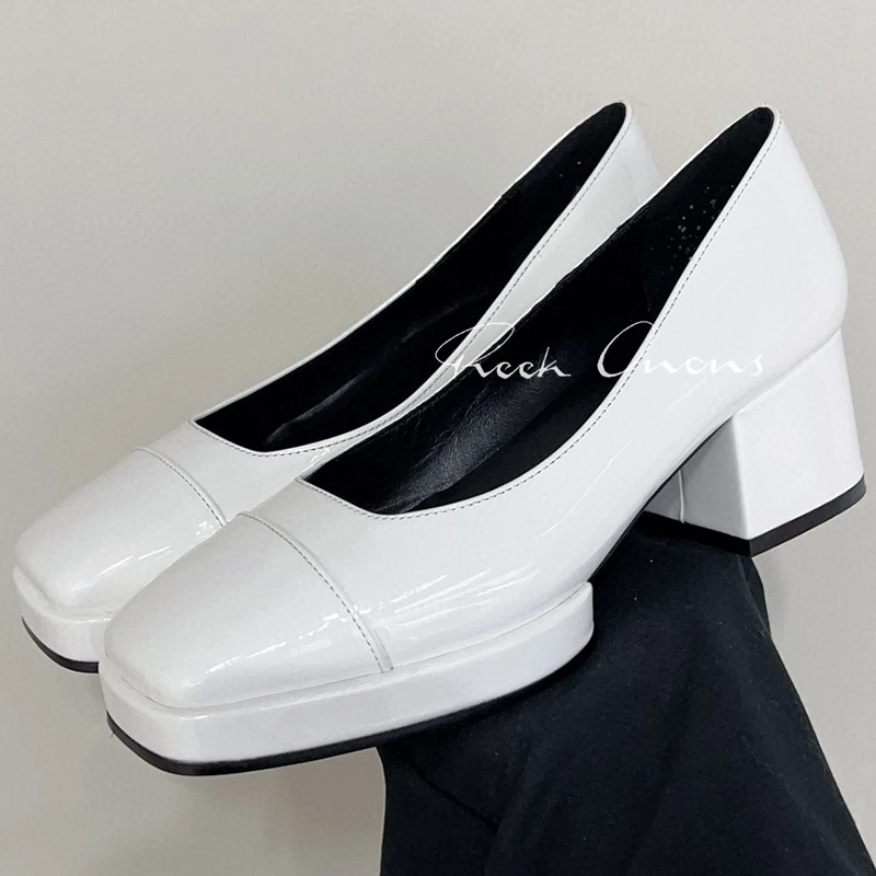 

Temperament Women Pumps 2023 Summer New Smooth Upper Banquet Platform High Heels Shallow Design Square Toe Ladies Single Shoes