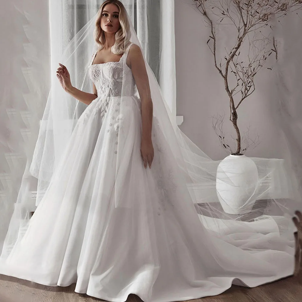 

Женское свадебное платье с юбкой-годе, элегантное платье с открытой спиной и квадратным вырезом, свадебное платье со шлейфом, пляжные платья без рукавов на заказ