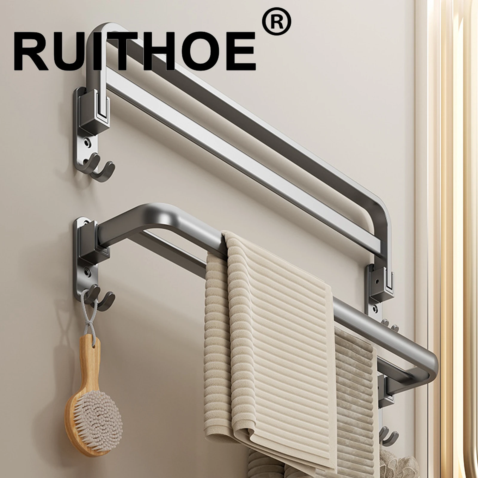 Bathroom Towel Rack Double Bar Towel Rail Folding Hooks Hand Holder Aluminum Punch-Free Bathroom Accessories towel rack