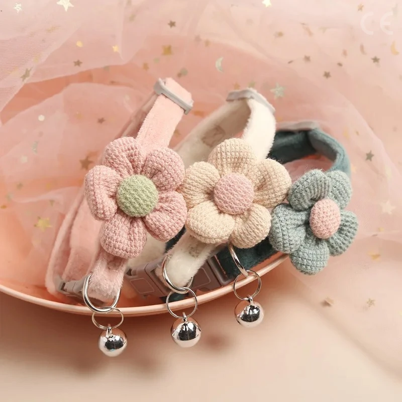 Pet Collar Cat Bell Collar Colorful Adjustable Sweat Cute Cartoon Pet Collar Sun Flower Bowtie Soft Polyester Small Dog Cat Necklace
