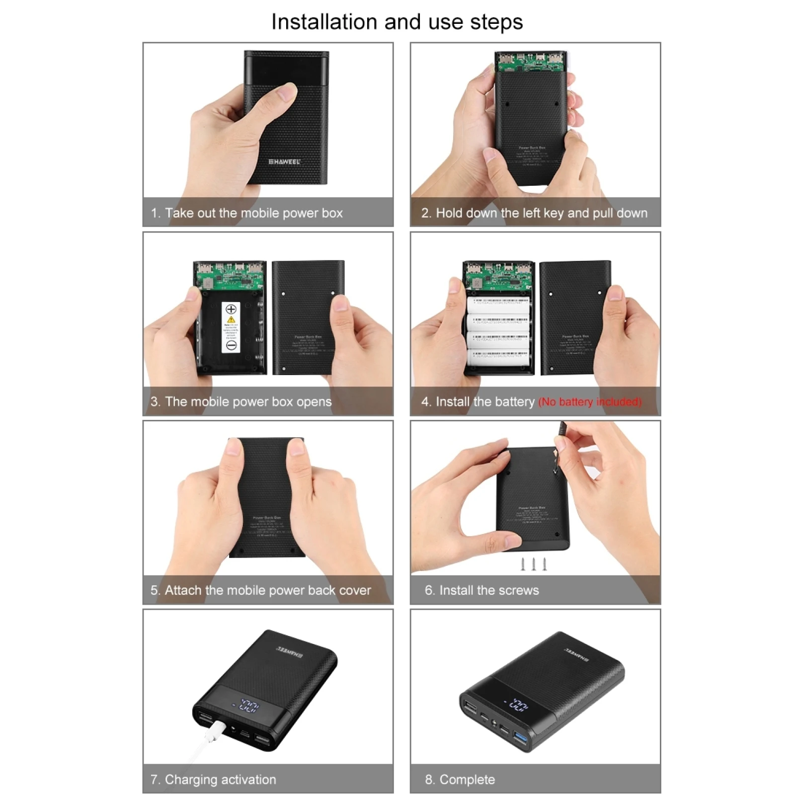 HAWEEL Power Bank Shell Box DIY 4x 18650 Battery (Not Included) 12000mAh Dual-way QC Charger with 2x USB Output & Display