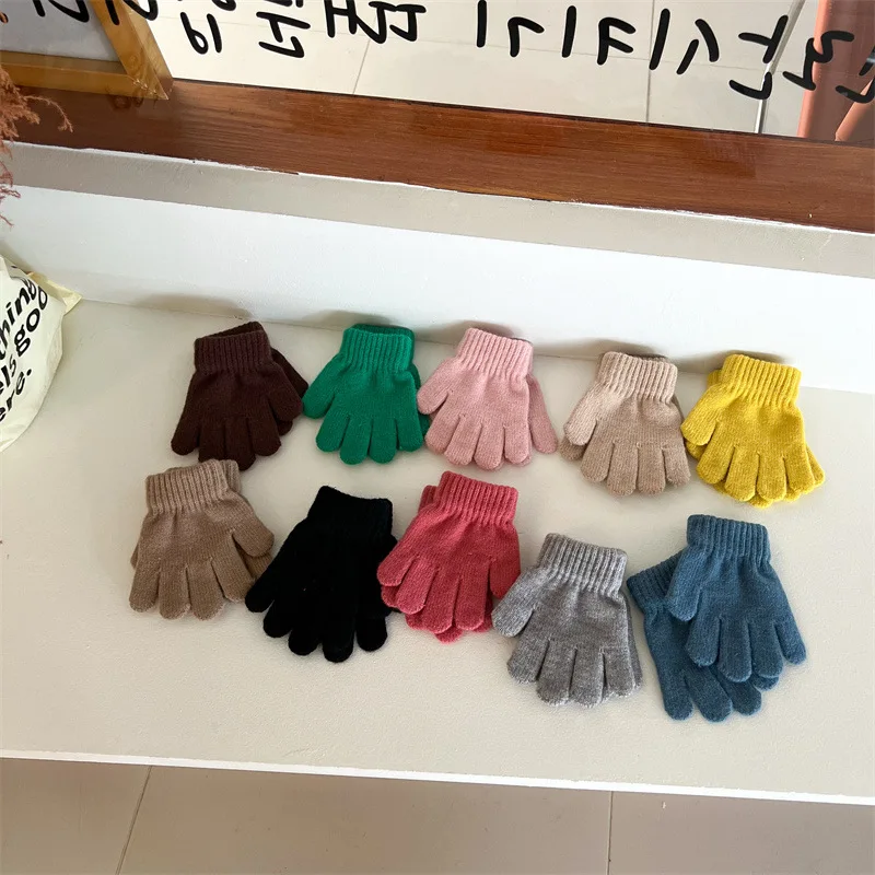 Solid Color Kids Gloves Winter Thick Velvet Boy Girl Warm Five Finger Mittens Outdoor Riding Windproof Children Anti-Cold Gloves