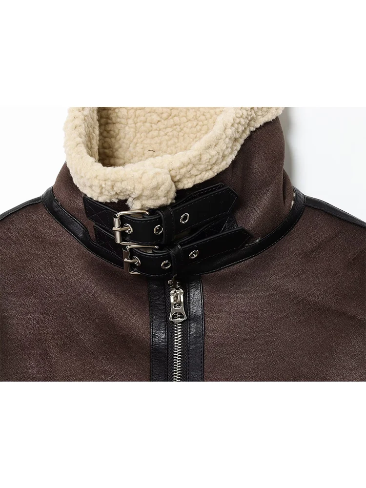 TFMLN Women Faux Lamb Leather Fur Short Jacket With Belt New Chic Short Thick Warm Zipper Pocket Street Winter Ladies Outwear