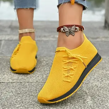 Yellow Women Casual Shoes Breathable Knitted Women Sneakers Soft Sole Woman Flat Shoes Outdoor Spring Summer Mesh Female Shoes 1