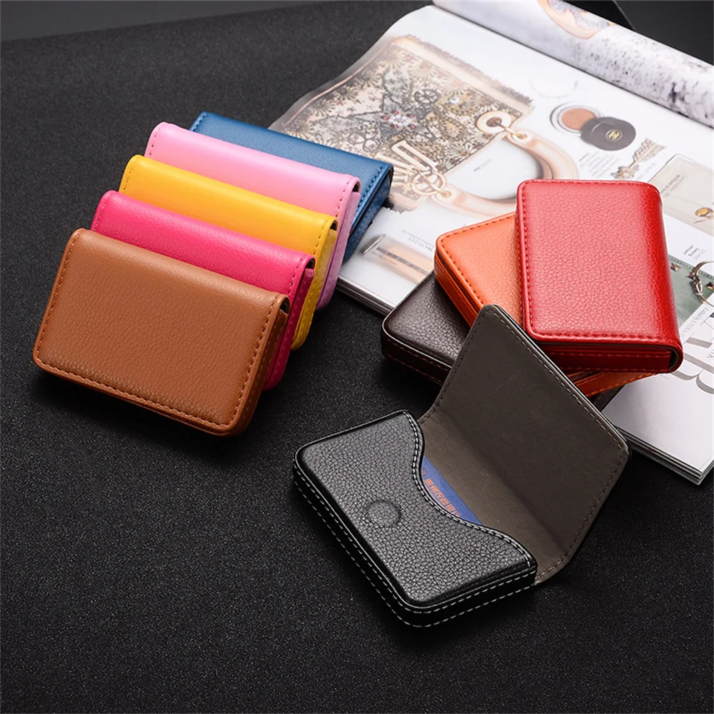 

Pu Leather Business Card Holder With Magnetic Buckle Slim Pocket Name Card Holder Large Capacity Lychee Pattern Credit Card Case