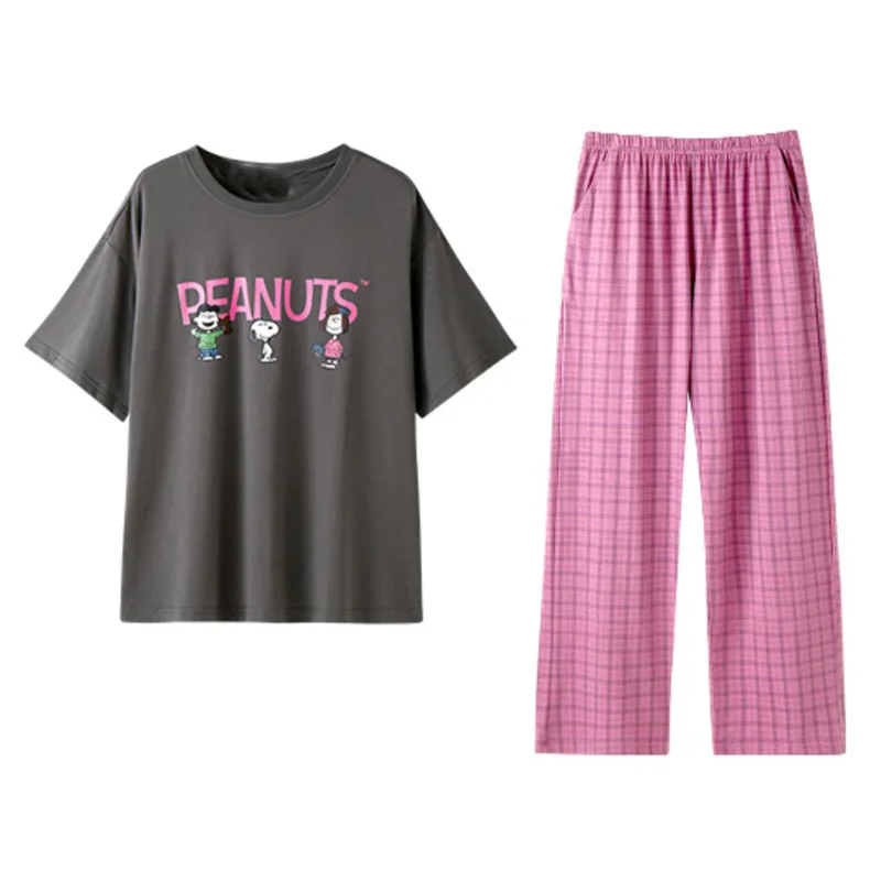 

Kawaii Snoopy милые пижамы для женщин домашняя одежда с короткими рукавами клетчатые брюки мультяшный летний костюм домашняя одежда подарок