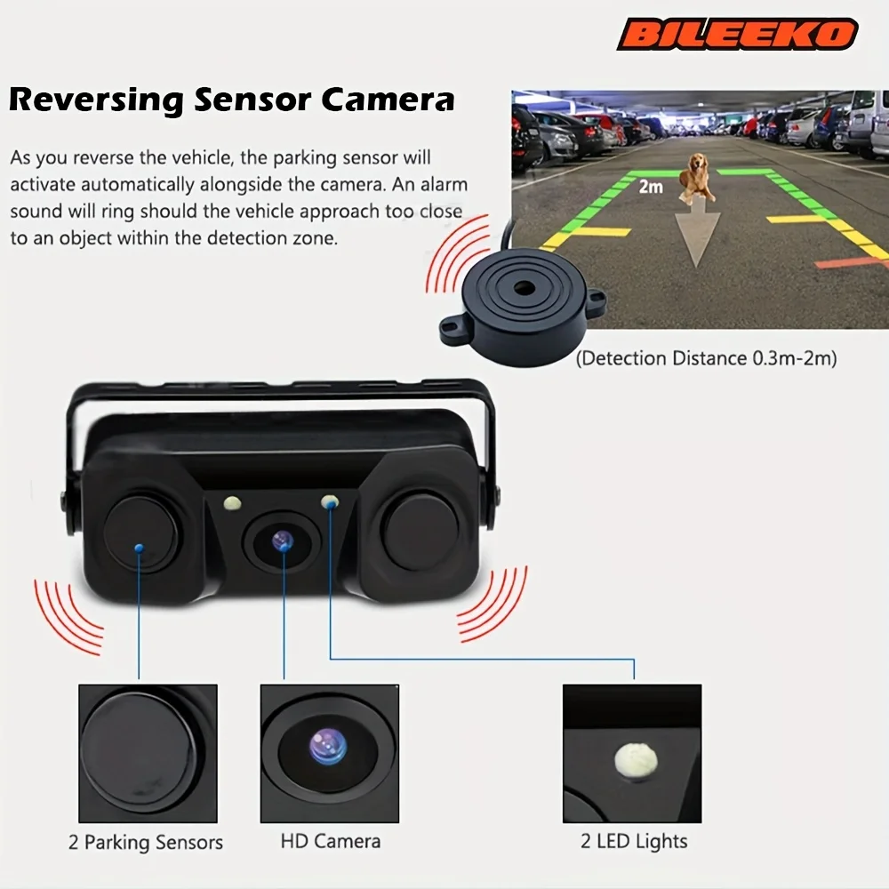 HD Car Rear View Camera 3 in 1 Parking Radar Detector Sensor Waterproof Night Vision LED Light,Optional 4.3-inch large screen