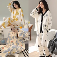 Women Spring and Fall Two-Piece Pajamas Cardigan Long-Sleeved Long Pants Thin Section Polka Dot Printing Maternity Homewear 1