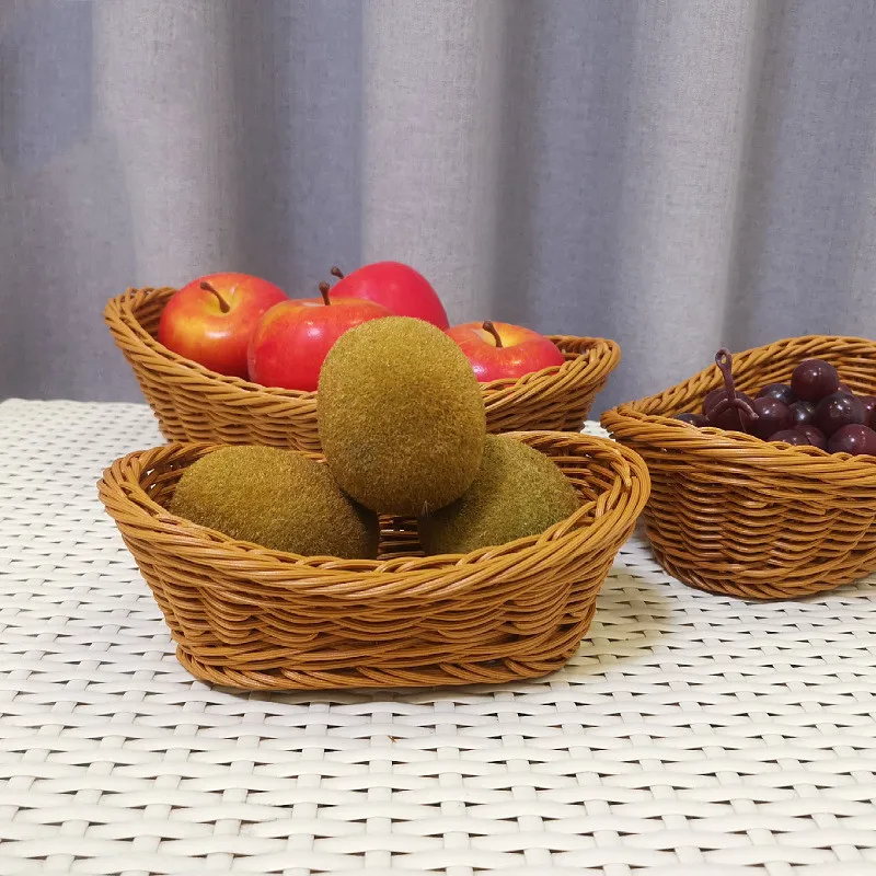 Oval Curved Rattan Wicker Woven Serving Baskets for Bread Fruit Vegetables Restaurant Serving Tabletop Display Rattan Basket