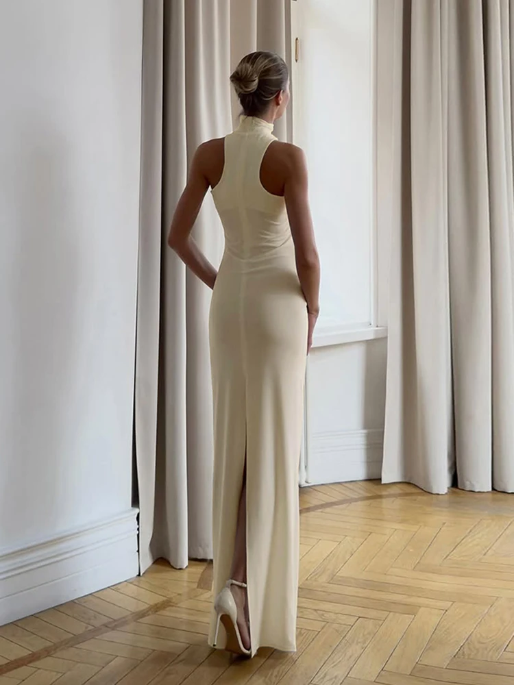 Nibber Elegantes Kleid mit Metallknoten für Damen, Halter, Sommertrend, solide Falten, rückenfrei, ärmellos, sexy, schlank, Bankett, Party, lang, figurbetont – Detail 12