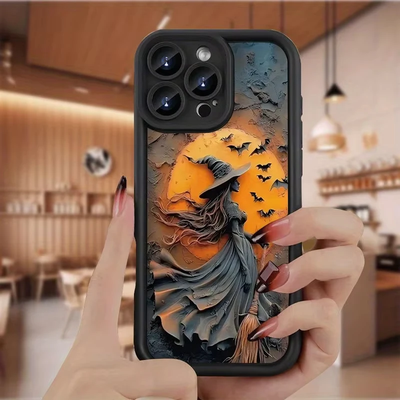 Glowing Moonlight Witch Broom & Bat Silicone Phone Case
