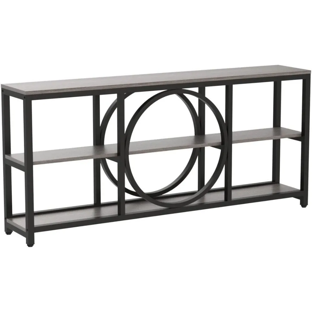 70.9 inch Sofa Console Table, Extra Long Narrow Entryway Tables with 3 Tier Wood Storage Shelves Metal Frame Black  Gray 5