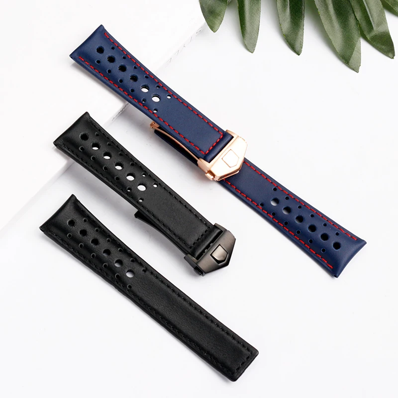 Men's Soft Genuine Cowhide Leather Watchband with Folding Buckle - 22mm, Compatible with Tag Heuer Monaco Series