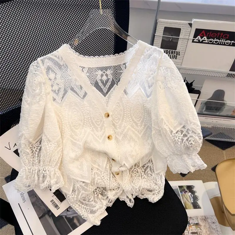 여성용 자카드 직조 패치워크 할로우 레이스 셔츠, 2024 서구화, 독특한 싱글 브레스트, 우아함 상의, 여름 신상