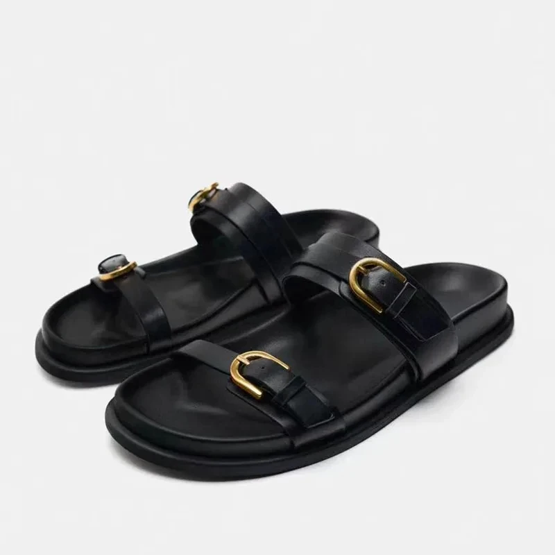 

Summer 2024 Women Black Flat Slippers Woman Chic Metal Buckle Flat Sandals Female Sexy Round Toe Slingback Woman Flip Flop Shoes