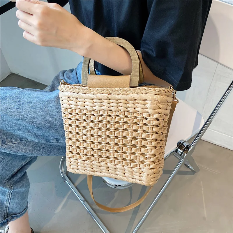 Women Basket Straw Bags Wood Handle Shoulder Crossbody Bags Casual Designer Rattan Woven Summer Travel Handbag Female Beach Bags