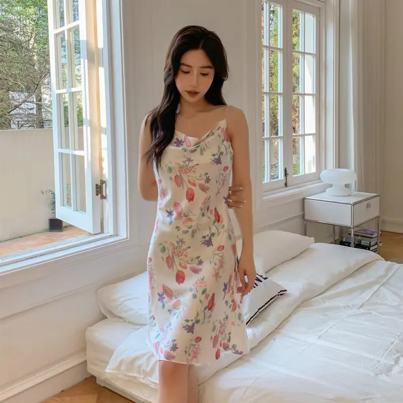 Female Pajamas Set V-neck Slip Dress Tulip Pattern Print Nightgown Ice Silk Sleepwear Leisure Home Clothing for Women in Summer