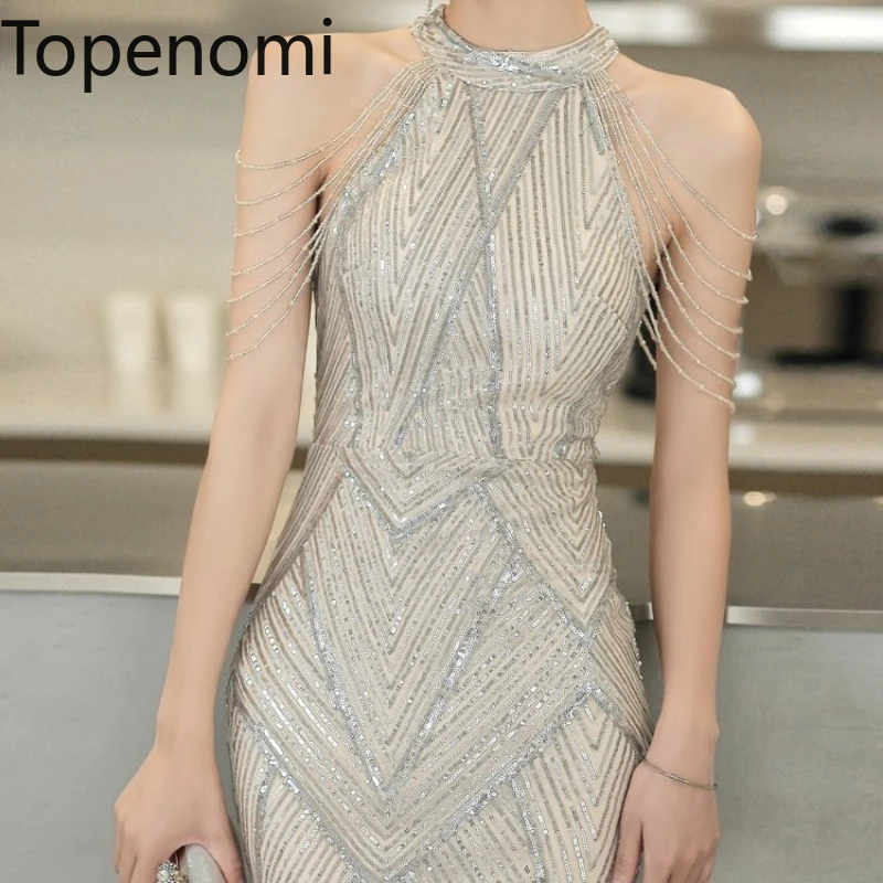 

Topenomi Evening Dresses Women Tassel Off Shoulder Sexy Sequins Waist Slim Fit Fishtail Formal Party Dress Fashion Birthday Gown