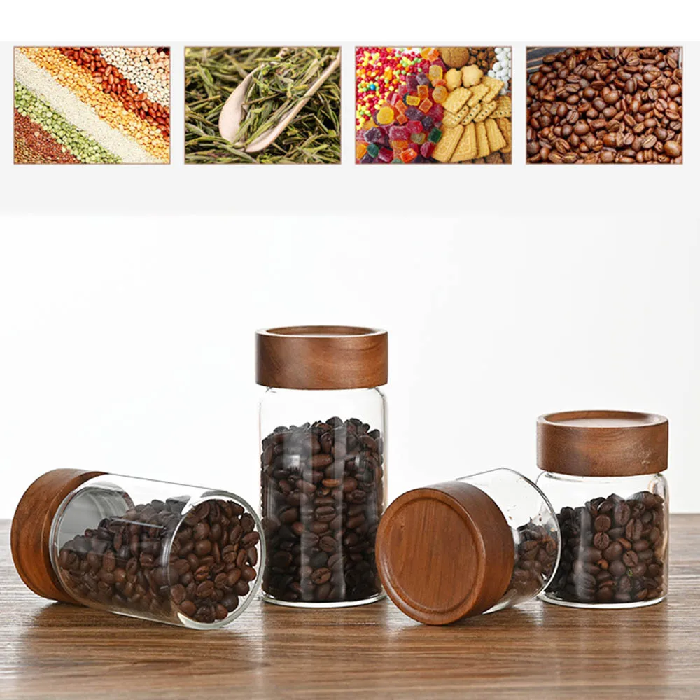 High Borosilicate Glass With Lids Storage Tank Acacia Wood Miscellaneous Grain Sealed Can Storage Pots Split Bottle Spice Jars 6