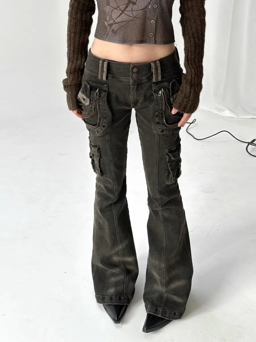 REDDACHiC Dual-Button Low Rise Women Cargo Pants Grunge Zipper Decor Pockets Do Old Whiskers Flare Jeans Grayu Y2k Streetwear 2
